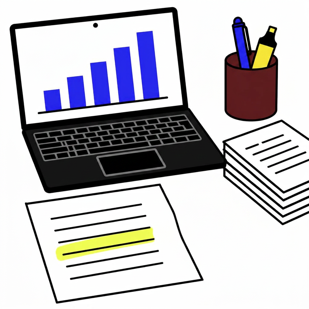 Ilustração de uma mesa com notebook mostrando um gráfico, papéis e uma lupa