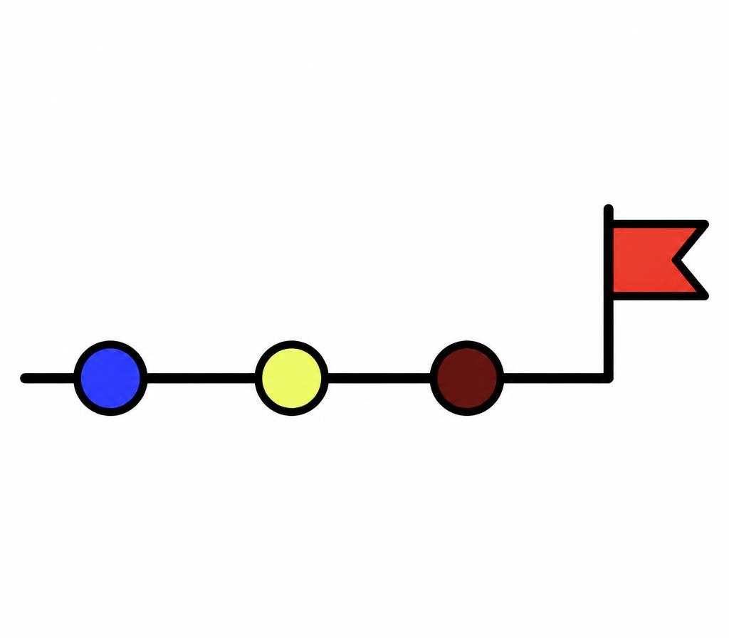 Ilustração de uma linha do tempo com três marcos e uma bandeira